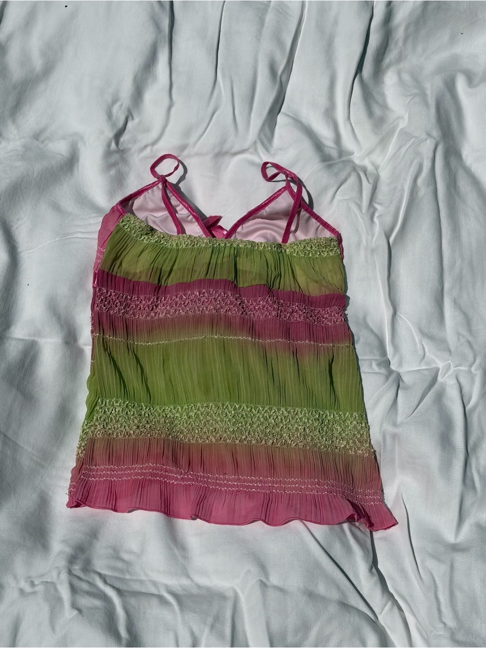 Y2K Pink and Green Satin-Trim Spaghetti Strap Tank - Picture 2 of 4
